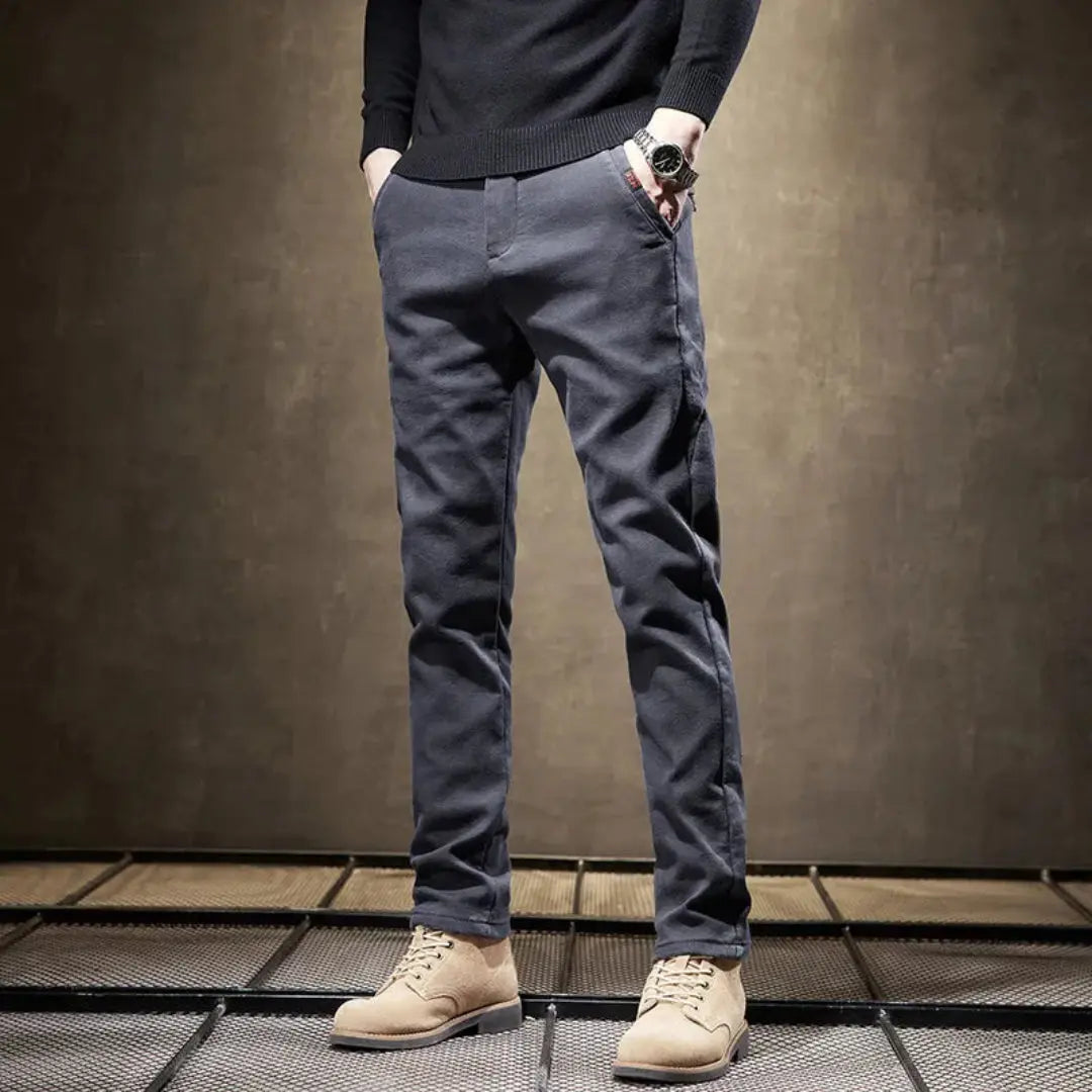 Men's slim straight leg casual pants in neutral tone with breathable stretch fabric for all-day comfort
