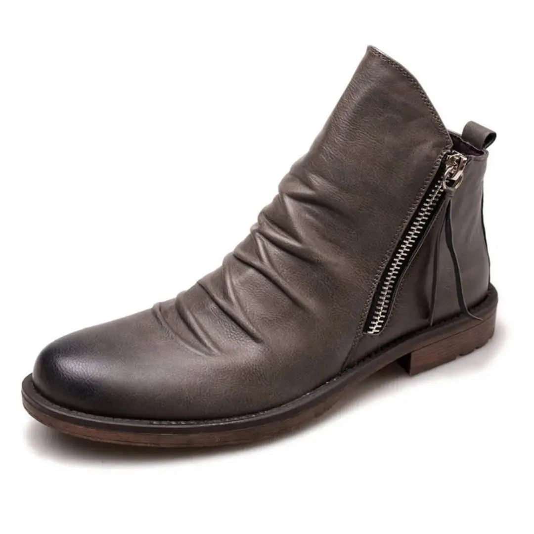 Men's brown leather ankle boots side zip closure sleek silhouette durable craftsmanship Logan