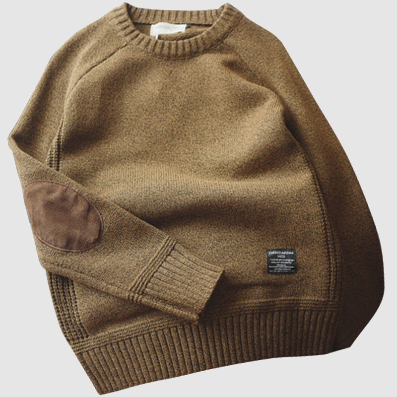 Men's knitted crew neck sweater with contrasting elbow patches, casual everyday pullover layering essential