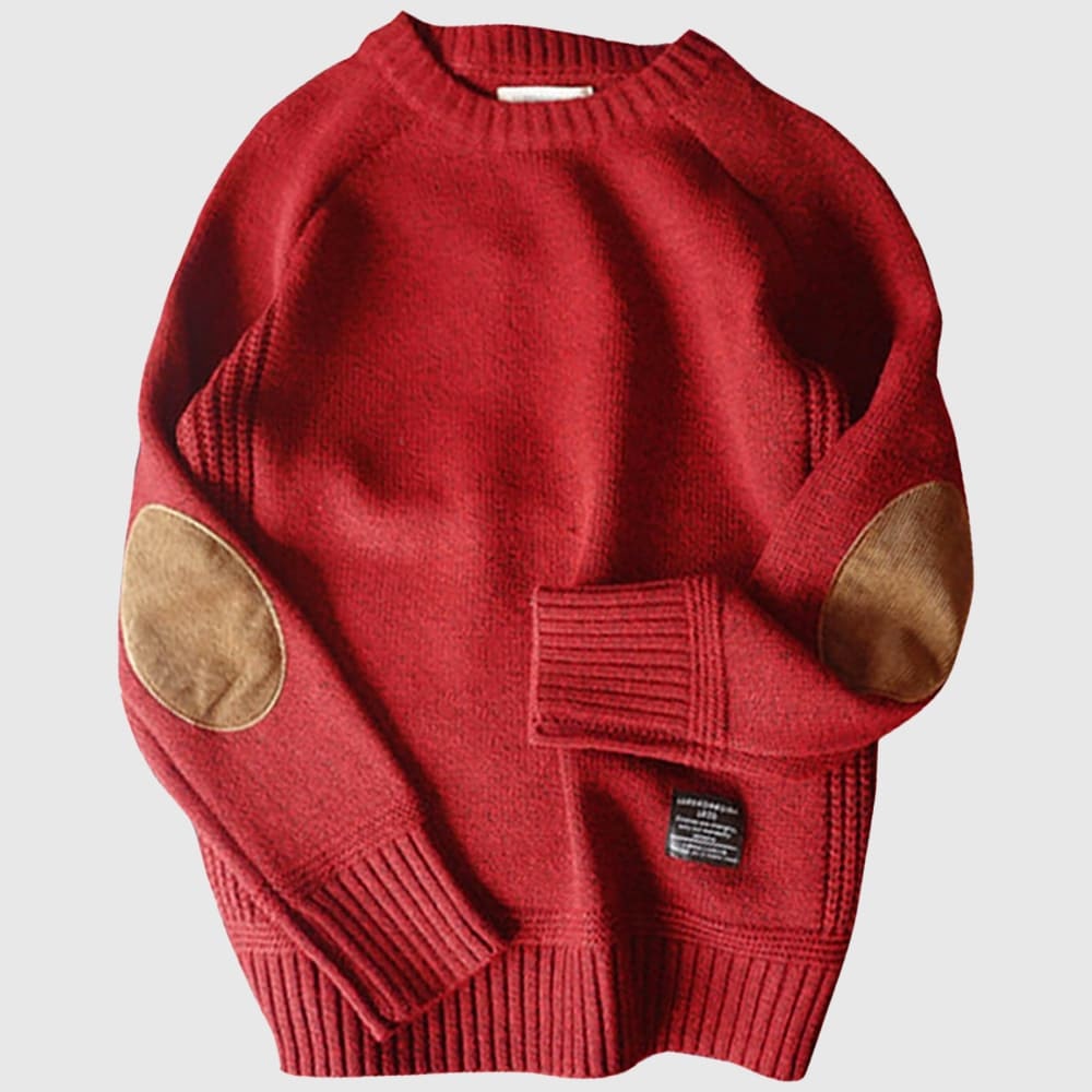 Men's knitted crew neck sweater with contrasting elbow patches, casual everyday pullover in neutral tones