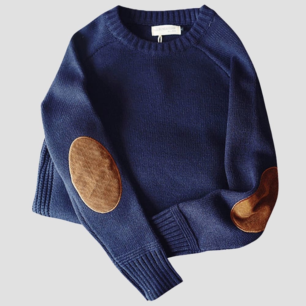 Men's knitted crew neck sweater with contrasting elbow patches, casual everyday pullover layering style