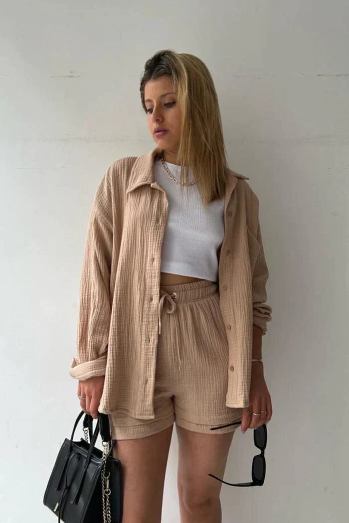 Bold color women's two-piece lounge set high-waist shorts button-up collared shirt breathable summer style
