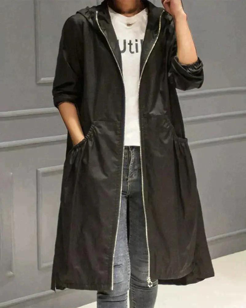 Women's long waterproof raincoat black full-zip adjustable hood weatherproof commuter coat