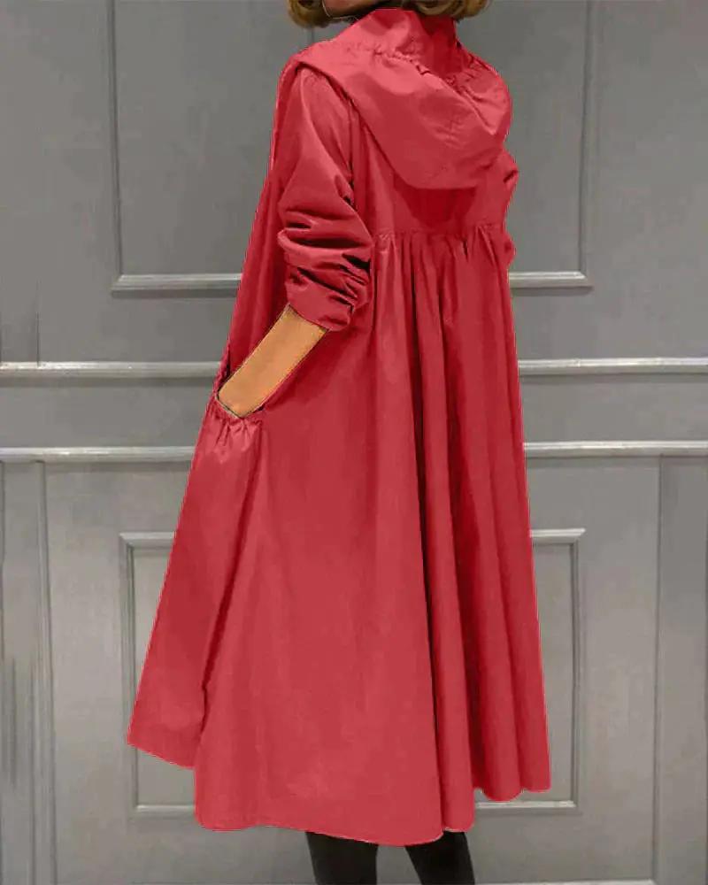 Women's long waterproof raincoat, full-zip with adjustable hood, weatherproof commuter style