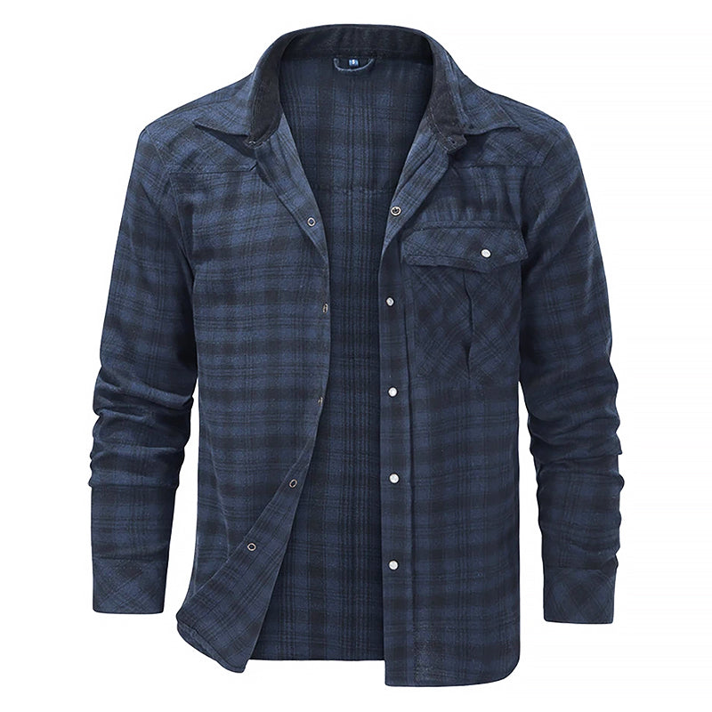 Men's red black plaid flannel lumberjack shirt regular fit with chest pocket rugged workwear style