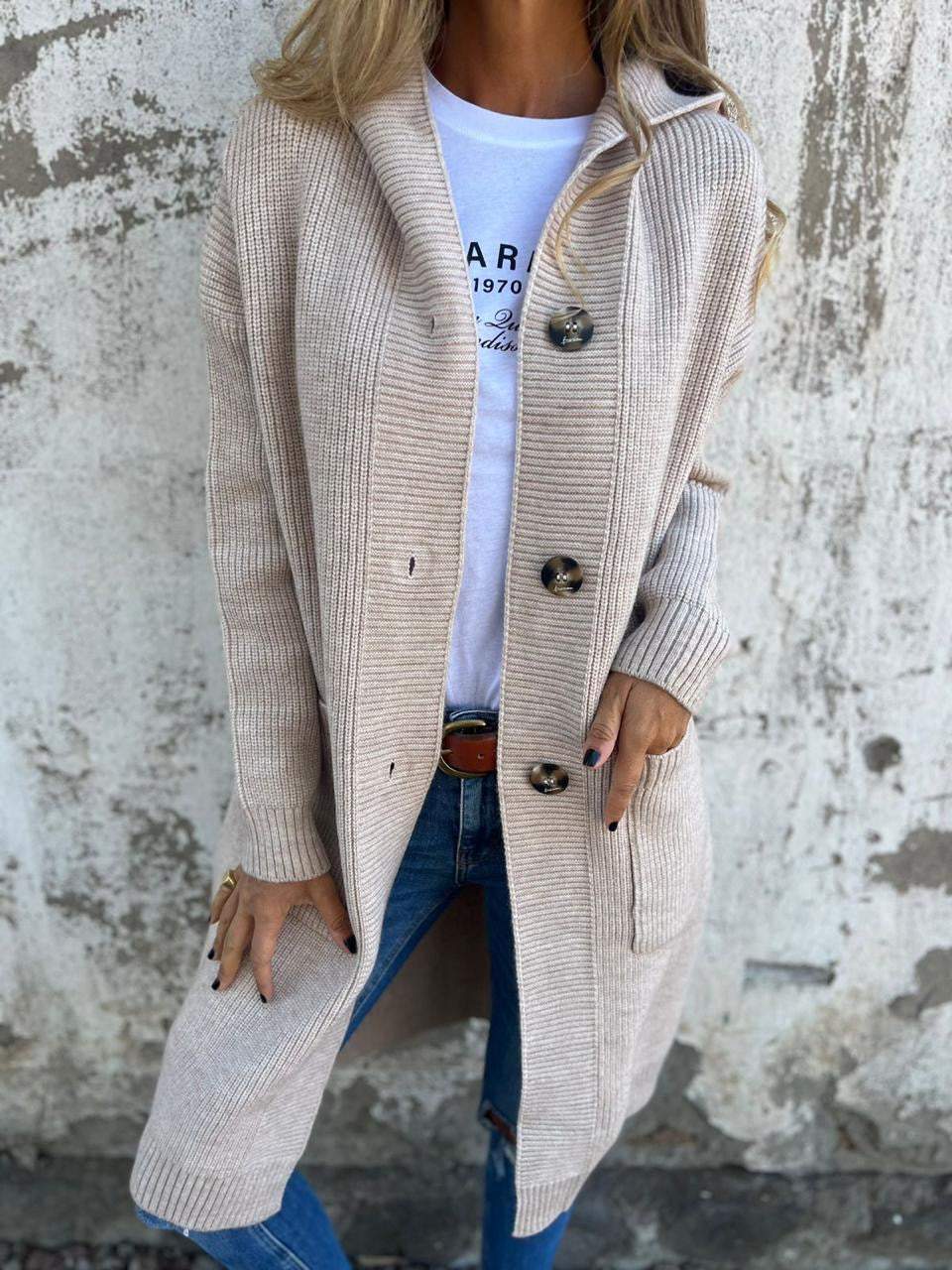 Women's longline ribbed knit cardigan with buttons, relaxed fit, front pockets for cozy layering