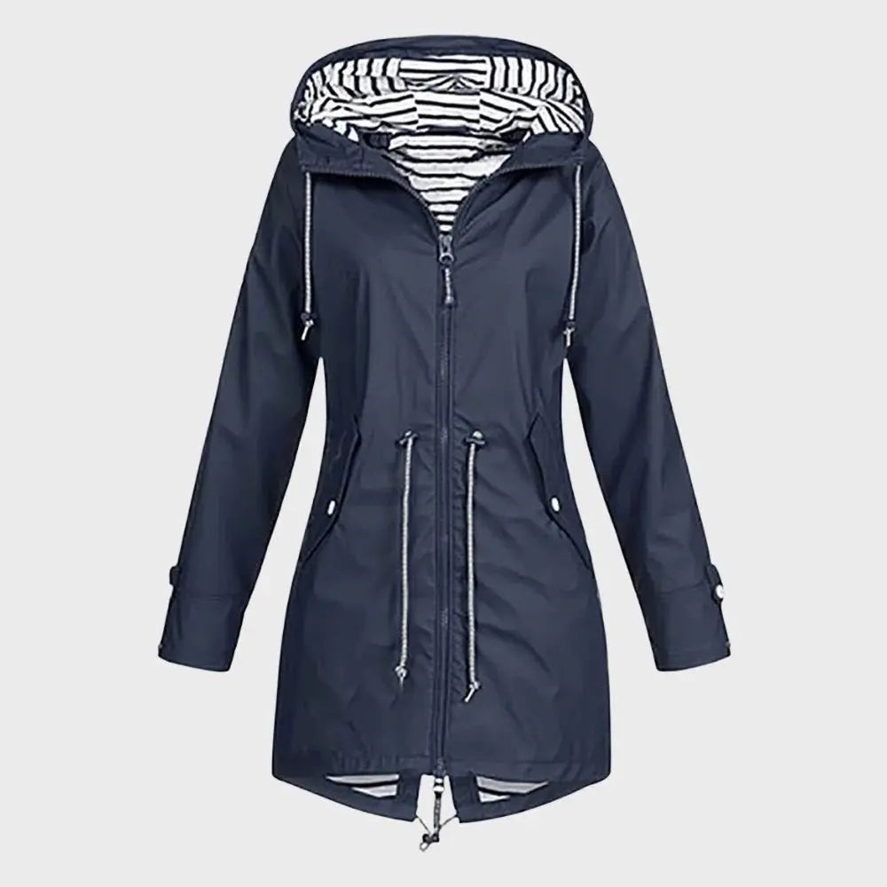 Women's long waterproof rain jacket elegant tailored silhouette all-weather outdoor protection