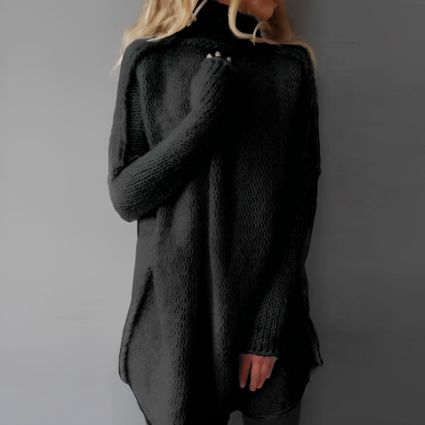 Women's light grey oversized long knit sweater with side slits, cozy minimalist comfort fit