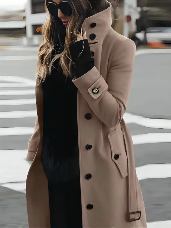 Longline women's work coat high collar tie-belt waist timeless elegant silhouette