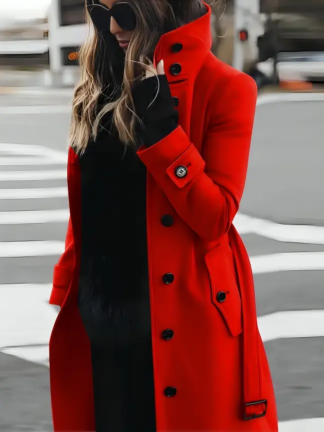 Longline women's coat high collar tie-belt work elegant slim silhouette all-season versatile