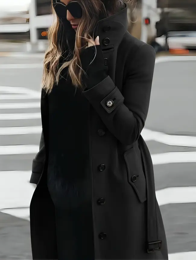 Longline women's coat high collar tie-belt work elegance slim tailored silhouette neutral tone