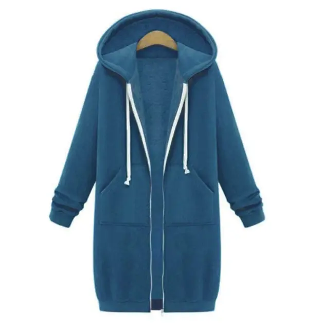 Women's longline zip-up hoodie cozy layering piece with extended length and drawstring hood