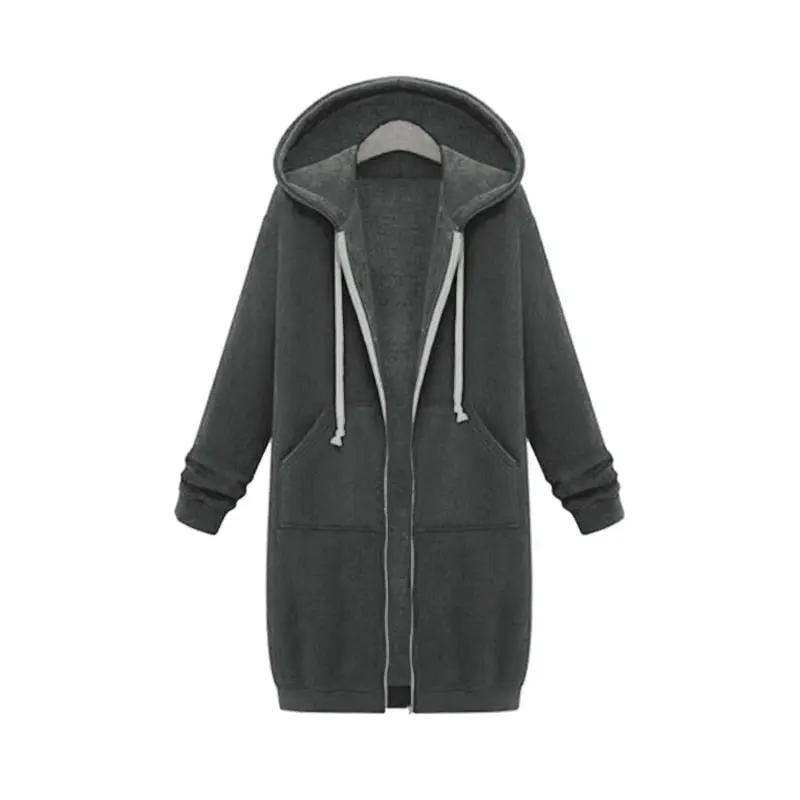 Women's longline zip-up hoodie cozy casual layering piece with extended length and drawstring hood
