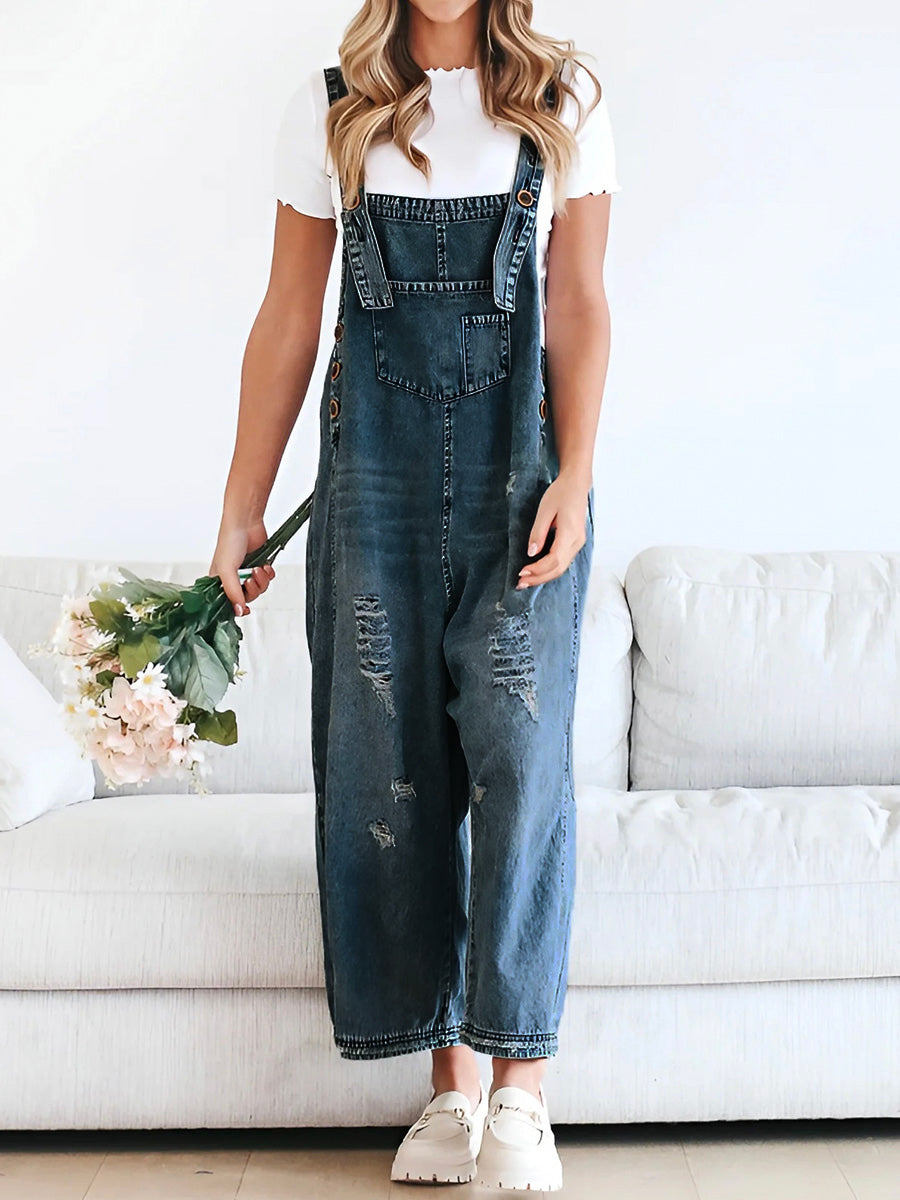 Women's wide-leg denim overalls roomy soft-stretch fit with adjustable bib straps effortless chic style
