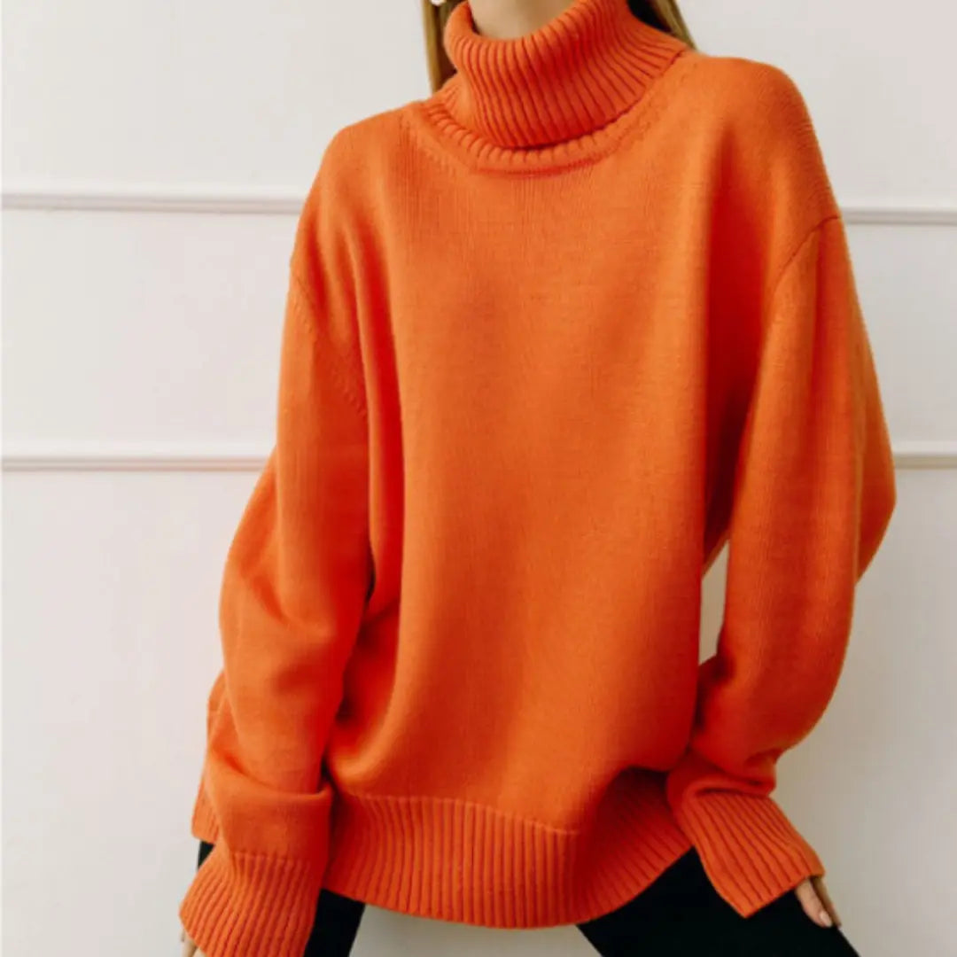 Women's loose knitted turtleneck sweater relaxed fit cozy soft knit fall winter style
