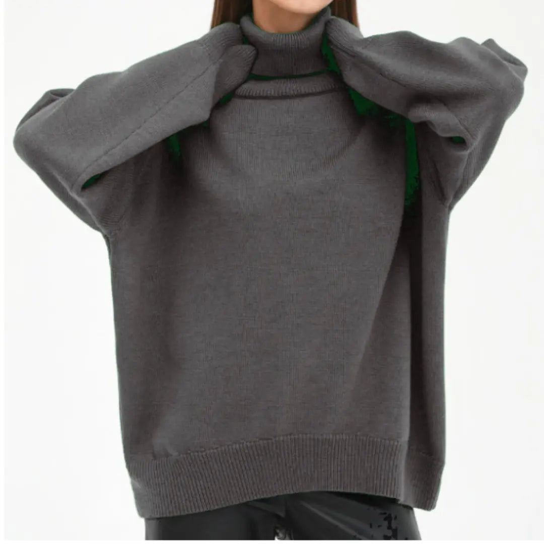 Women's loose knitted turtleneck sweater relaxed fit soft cozy fall winter wardrobe staple