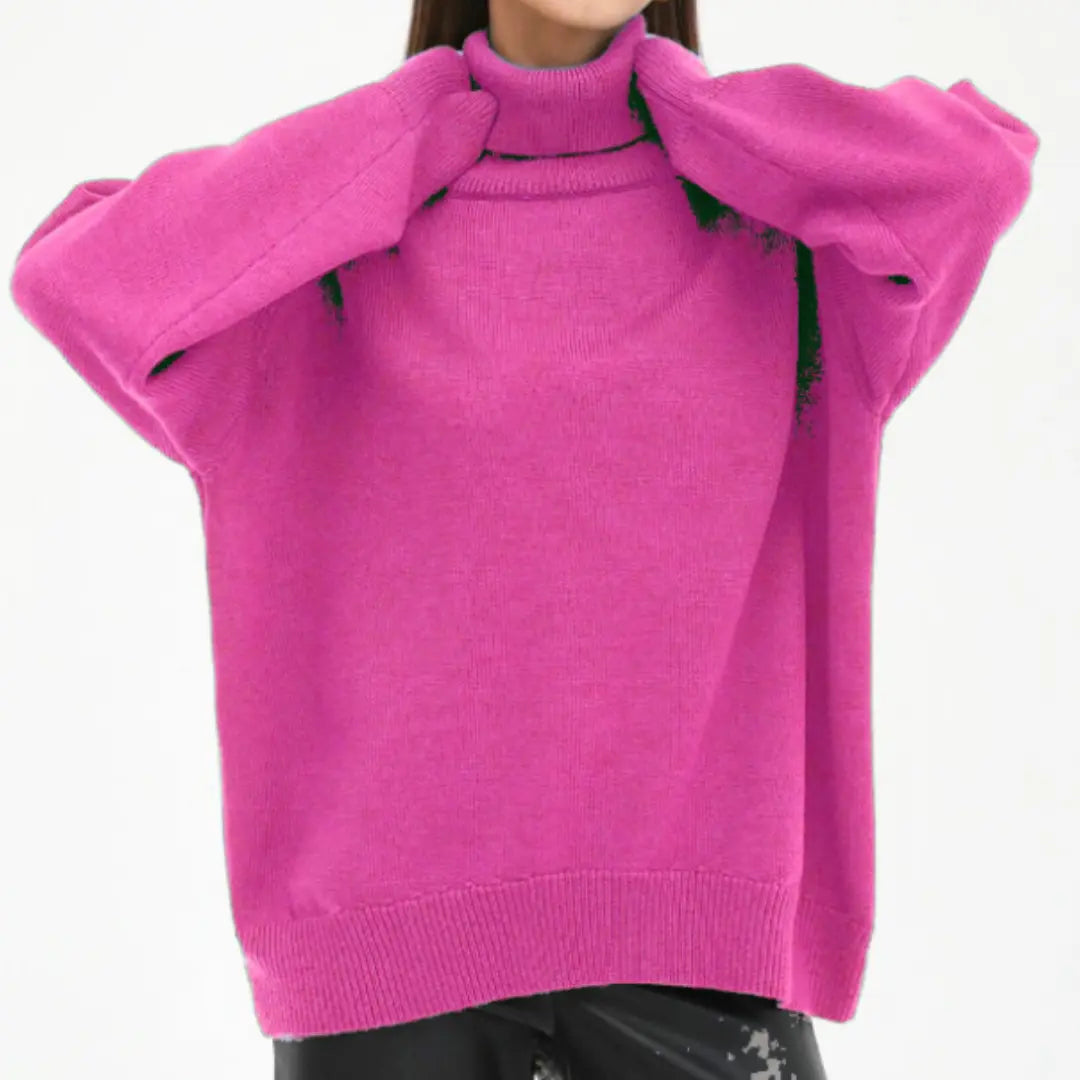 Women's loose knitted turtleneck sweater, relaxed fit cozy soft knit for fall and winter