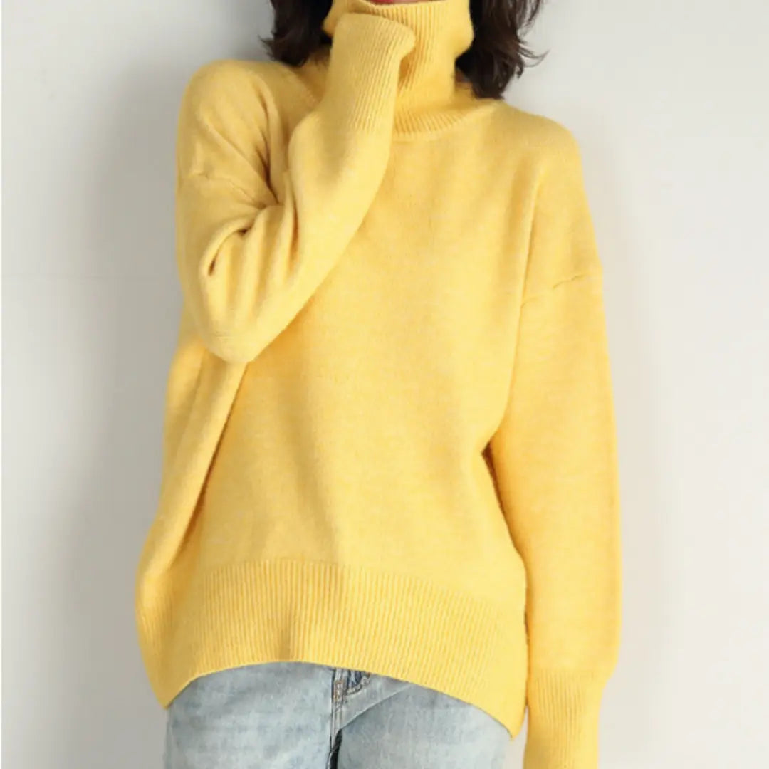 Women's loose knitted turtleneck sweater, relaxed fit cozy soft knit for fall winter