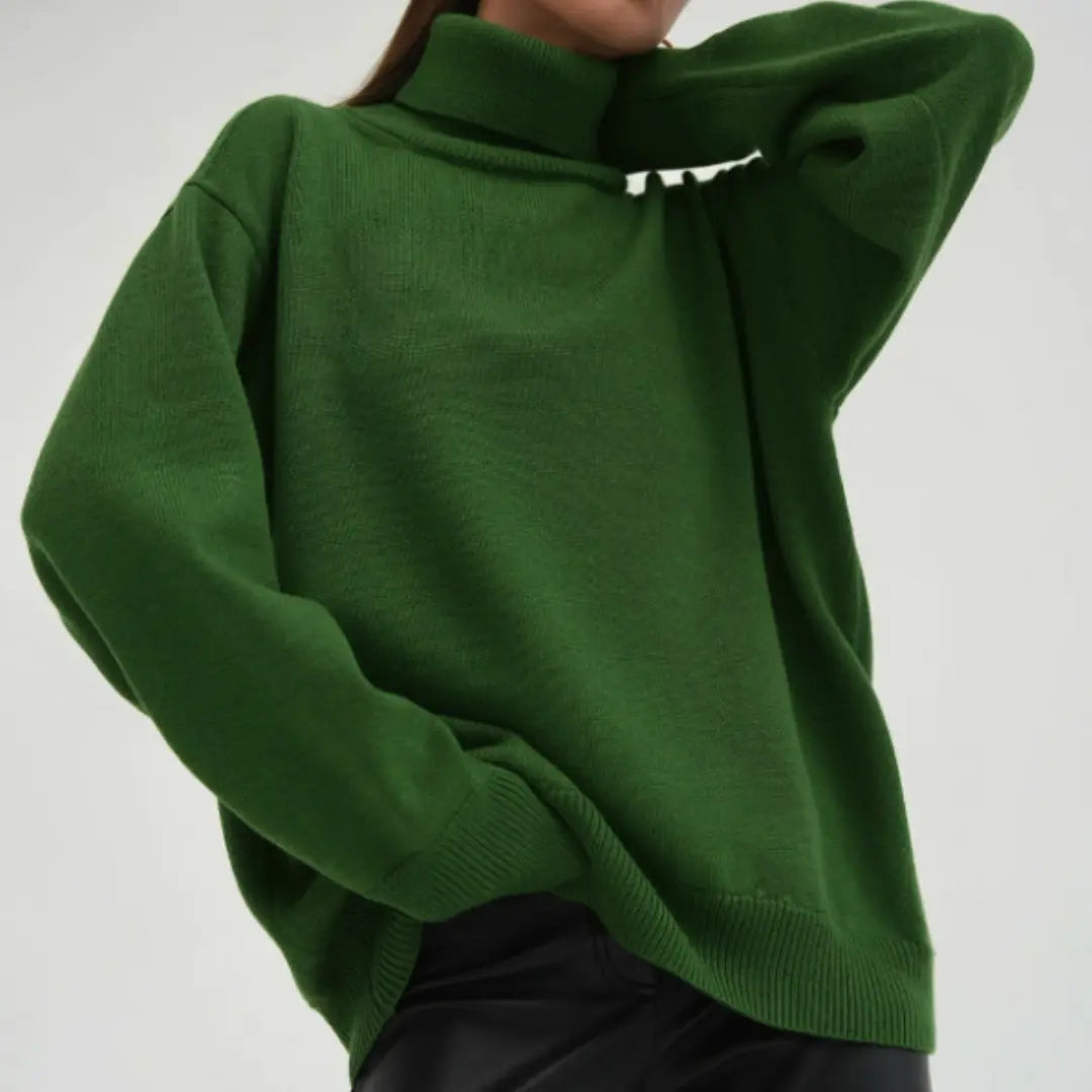 Women's loose knitted turtleneck sweater, relaxed fit cozy soft knit for fall winter