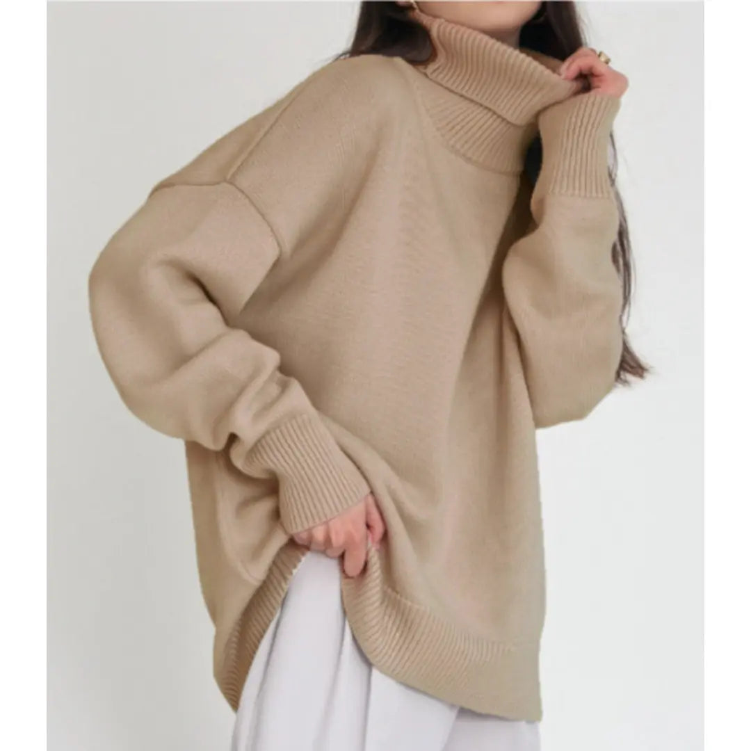 Women's loose knitted turtleneck sweater, relaxed fit cozy soft knit for fall winter layering