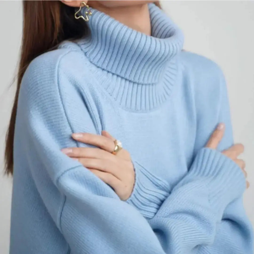 Women's loose knitted turtleneck sweater, relaxed fit cozy soft knit for fall winter