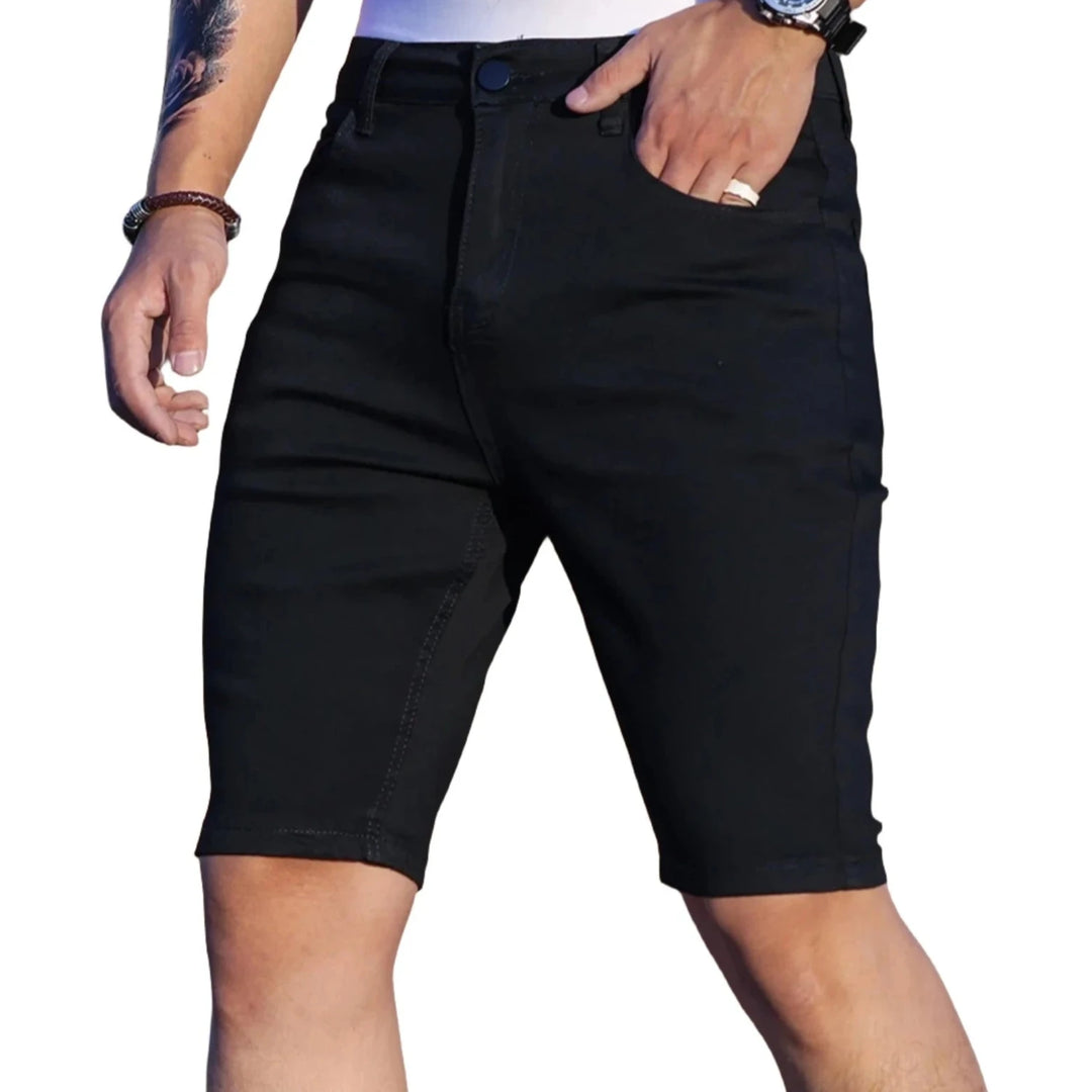 Women's light wash denim shorts fitted silhouette five-pocket style with light-stretch fabric