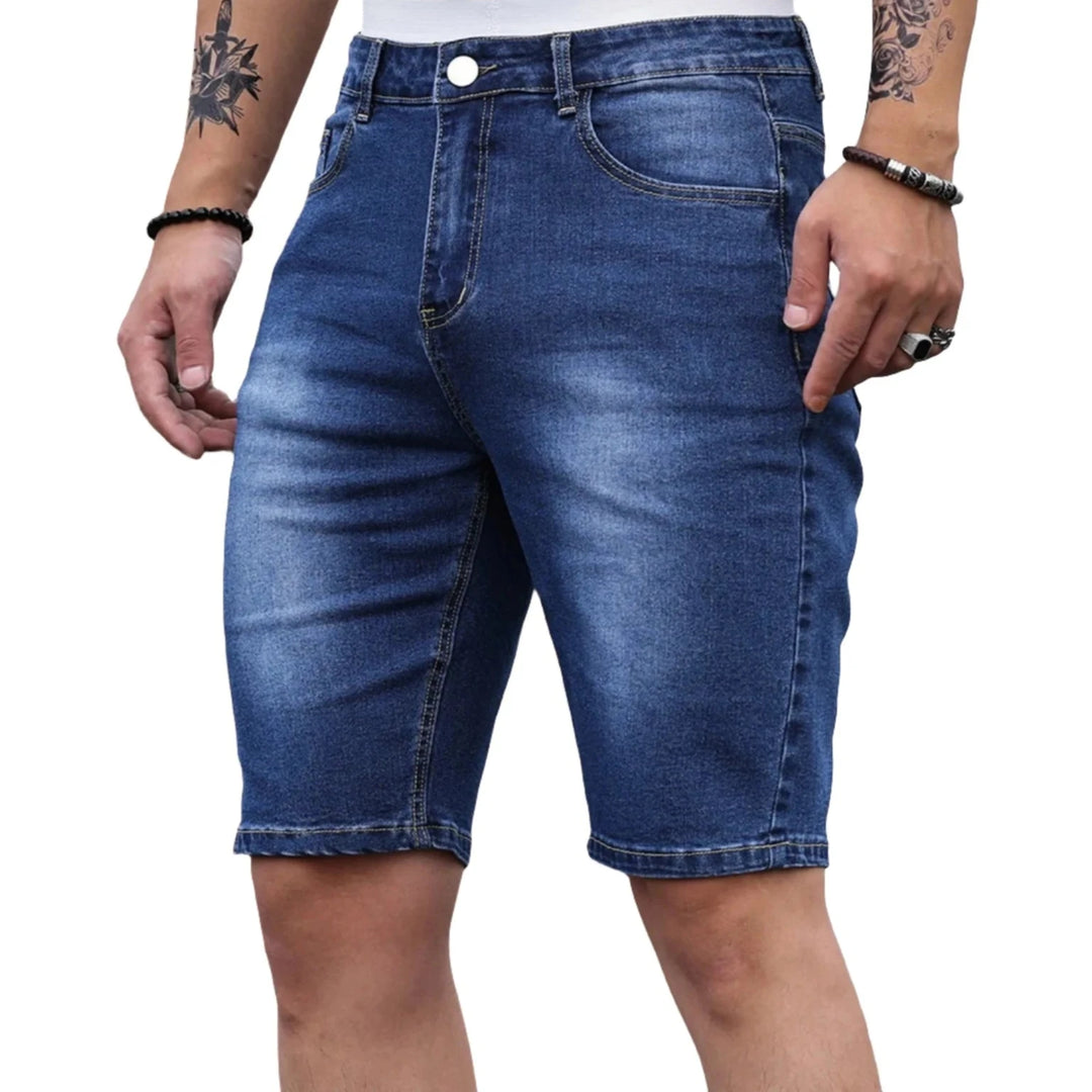 Women's light wash denim shorts fitted silhouette with five-pocket style and light-stretch fabric