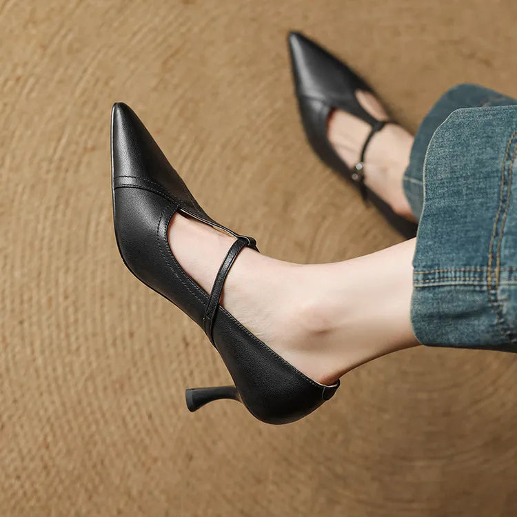 Women's pointed toe T-strap ankle heels elegant stiletto design with leg-lengthening silhouette