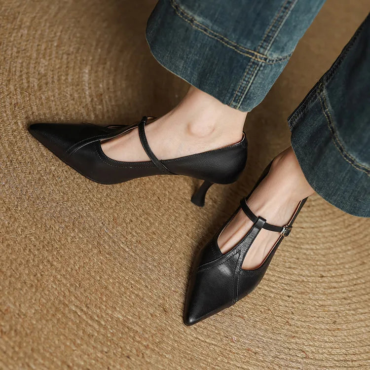 Lorena women's genuine leather T-strap heels with buckle closure, handcrafted elegant design