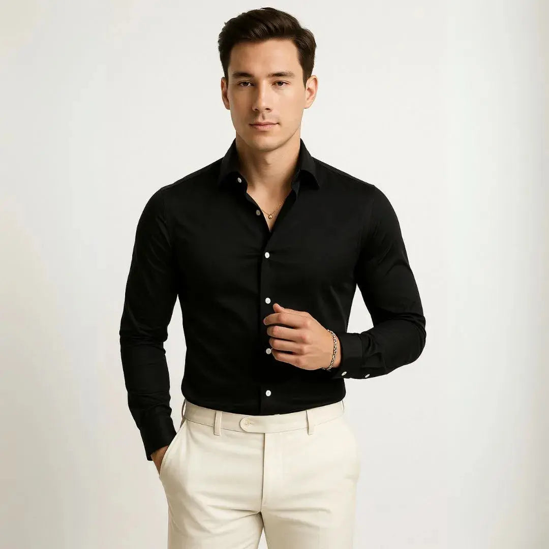 Lorenzo white button-down long sleeve dress shirt clean slim fit breathable stretch polyester for office
