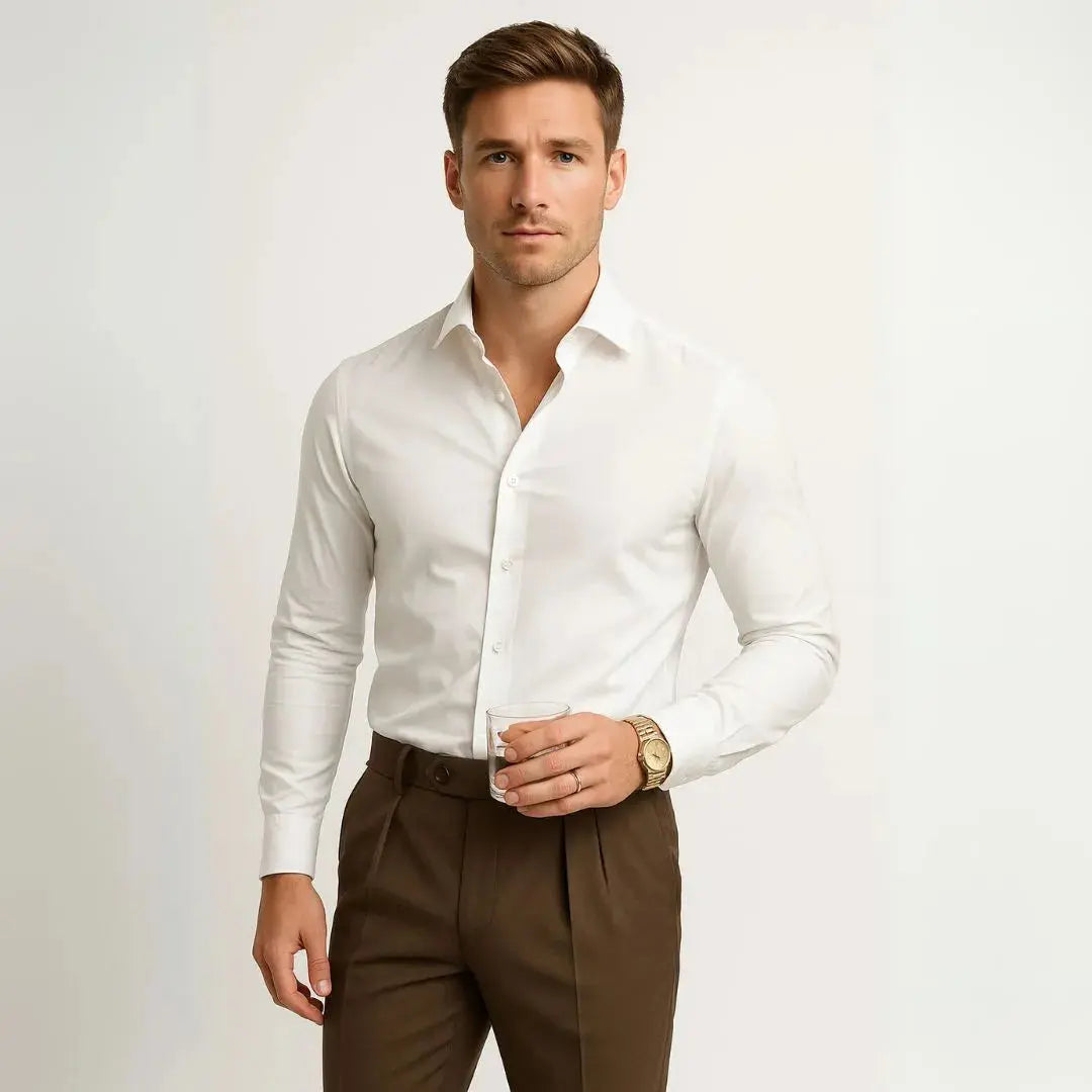 Lorenzo white button-down long sleeve dress shirt slim clean fit breathable stretch polyester