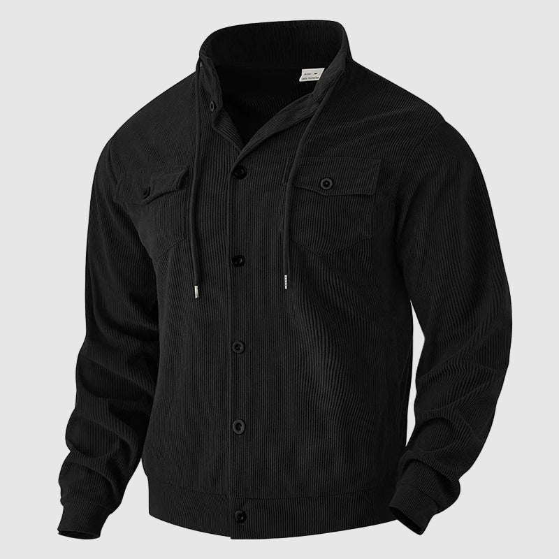 Men's brown corduroy blazer jacket with front buttons, pockets, and premium soft ribbed texture