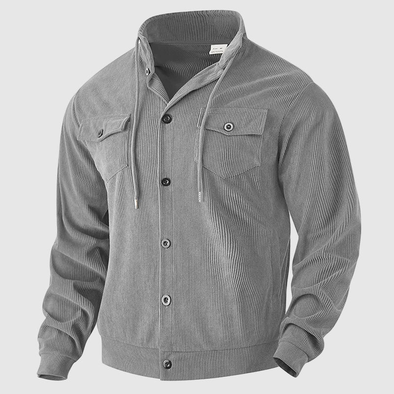 Men's brown corduroy blazer jacket with front buttons, pockets, and premium soft texture