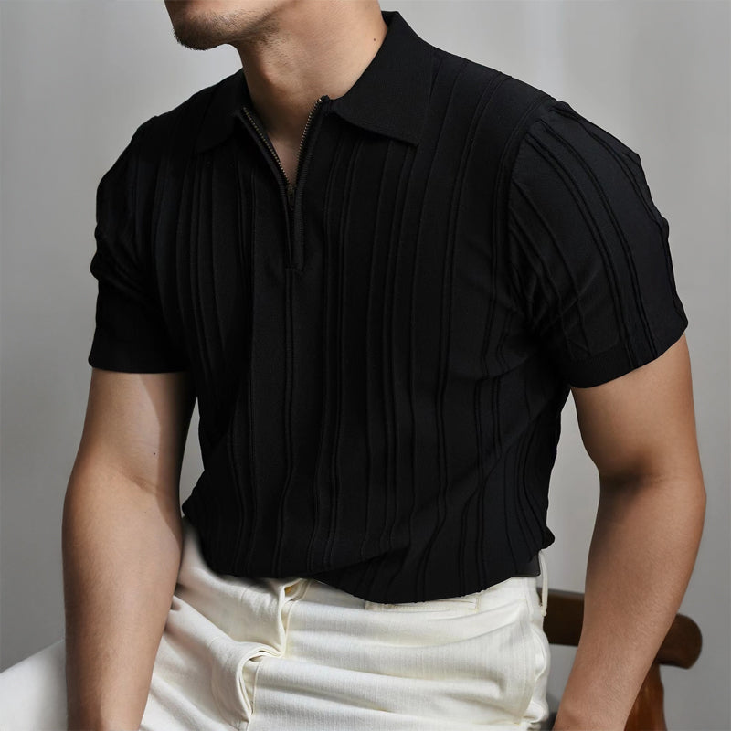 Men's white ribbed polo shirt with minimalist quarter-zip placket and sculpted vertical channels