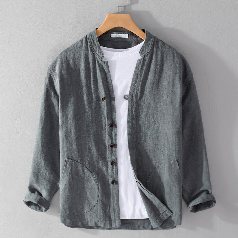 Men's beige linen blend relaxed-fit shirt with stand collar and subtle pocket detail