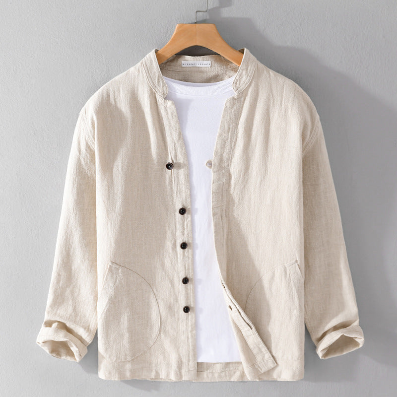 Men's beige relaxed-fit linen blend shirt with stand collar and subtle chest pocket