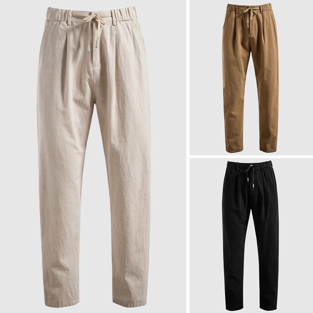 Men's beige linen blend ankle-length relaxed fit pants with breathable coastal summer design