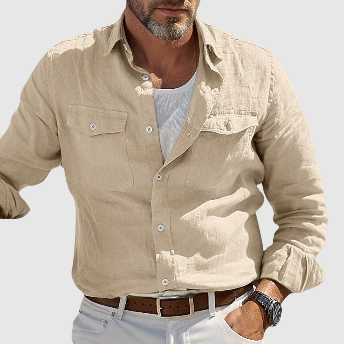 Men's loose-fit coastal linen shirt, breathable moisture-wicking summer essential with UV shield