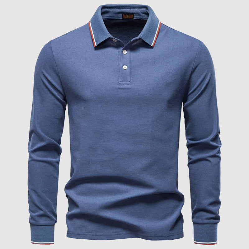 Men's navy regular fit long sleeve polo shirt with striped collar and cuffs, button-front placket