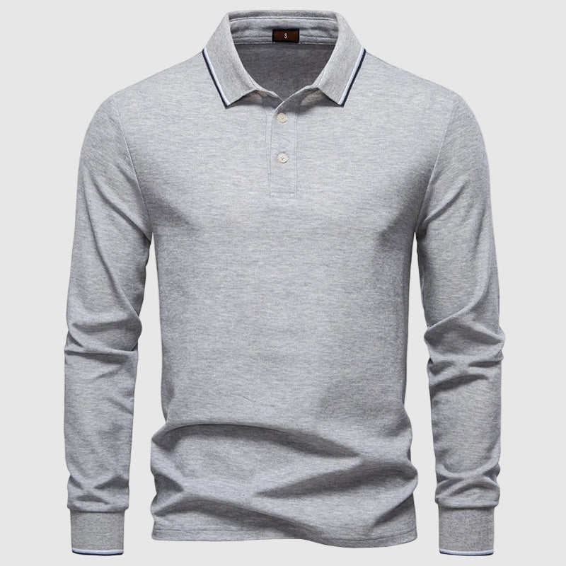 Men's white regular fit long sleeve polo shirt with striped collar and cuffs, classic button placket
