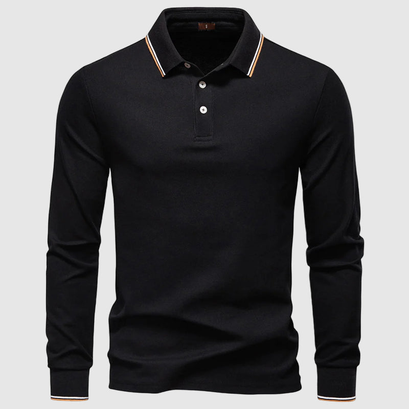 Men's white regular fit long sleeve polo shirt with striped collar and cuffs, button-front placket