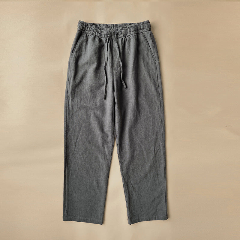 Men's beige linen blend pants relaxed fit elastic waist breathable summer travel trousers