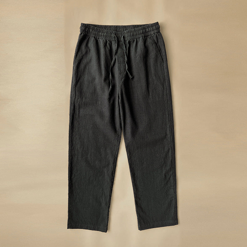Men's beige linen blend relaxed pants with elastic waist, breathable summer travel comfort