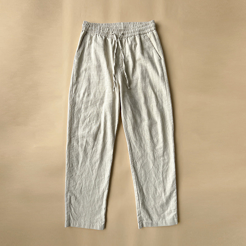 Men's beige linen blend pants relaxed fit elastic waist breathable summer travel trousers