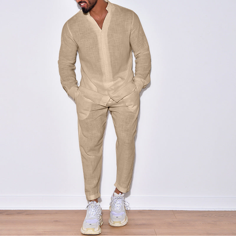 Lorenzo Vitali beige premium cotton leisure set relaxed-fit long-sleeve shirt and trousers lounge