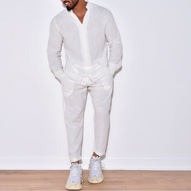 Lorenzo Vitali premium cotton leisure set beige long-sleeve shirt relaxed trousers coordinated fall lounge