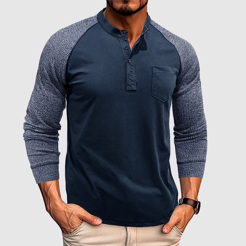 Men's dual-tone Henley shirt with contrast stitching, casual slim fit, two-color blocked cotton blend