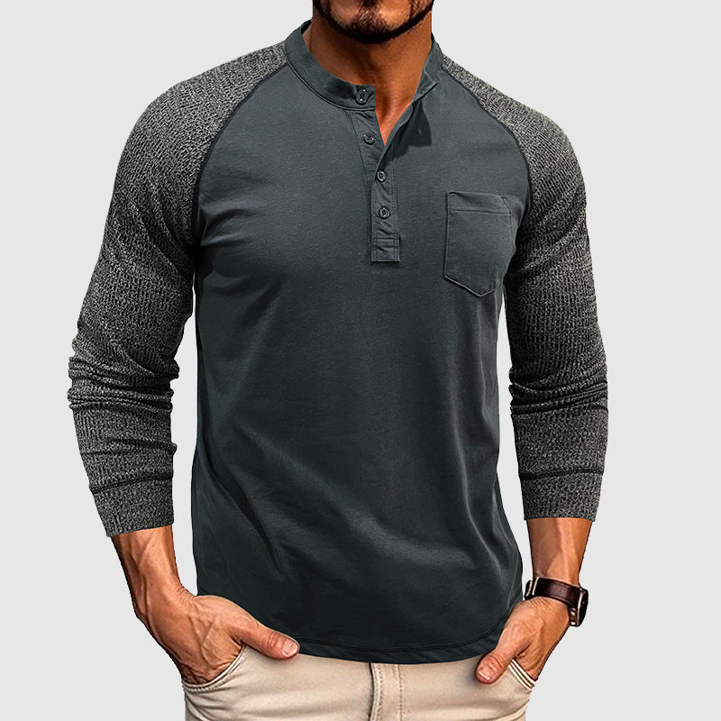 Men's dual-tone henley shirt with contrast stitching, casual slim fit, two-color cotton blend design