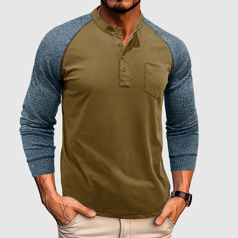 Men's dual-tone henley shirt with contrast stitching, casual slim fit, premium cotton blend