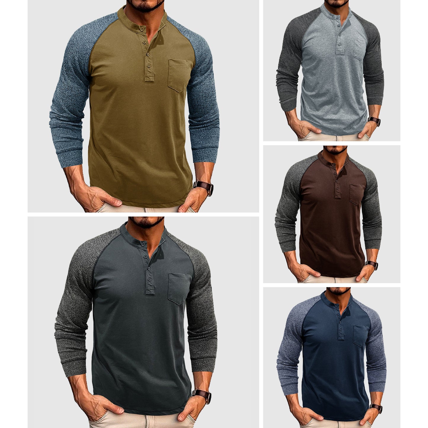 Men's dual-tone henley shirt with contrast stitching, casual slim fit, premium cotton blend